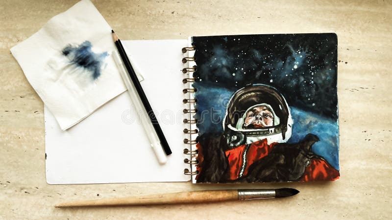 航天员在开阔空间失踪的手绘水彩画. 宇宙中宇航员的水彩画. 带素描簿 免版税图库摄影