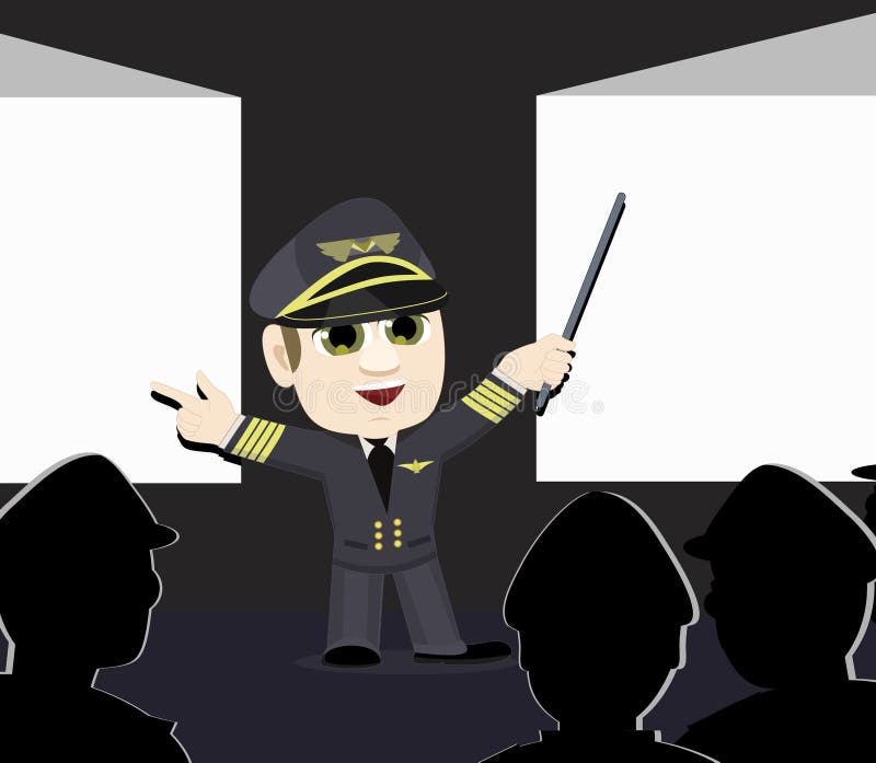 Vector illustration: An aviation male instructor giving a briefing to fellow comrades with screenings from projector. Vector illustration: An aviation male instructor giving a briefing to fellow comrades with screenings from projector.