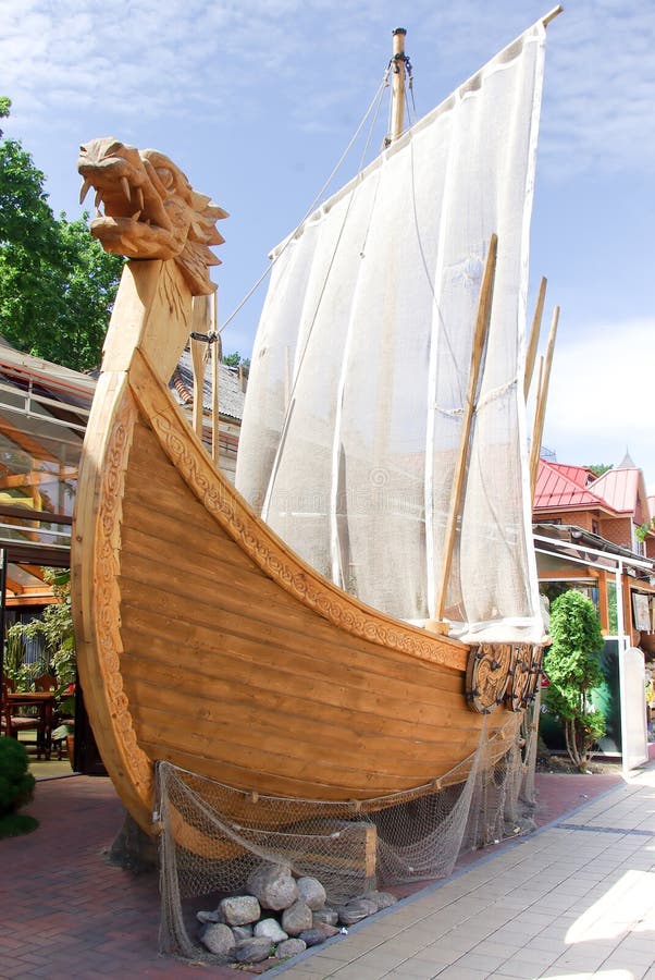 Wooden viking ship in street. Wooden viking ship in street.