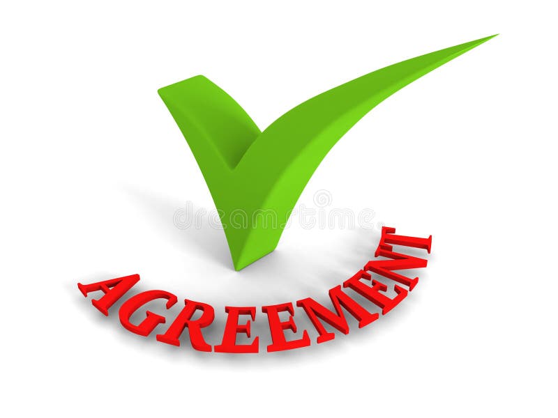Green Checkmark Agreement Red Word on White Background. Concept 3d Render Illustration. Green Checkmark Agreement Red Word on White Background. Concept 3d Render Illustration