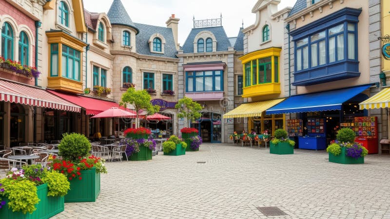 色彩鲜艳的欧洲村庄广场，拥有充满活力的建筑和户外咖啡馆 免版税图库摄影