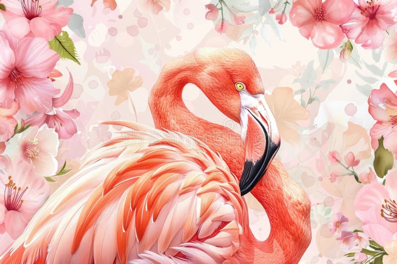 色彩鲜艳的花卉背景前，一只粉色的火烈鸟优雅地站着. 非常适合夏季设计和热带 库存图片