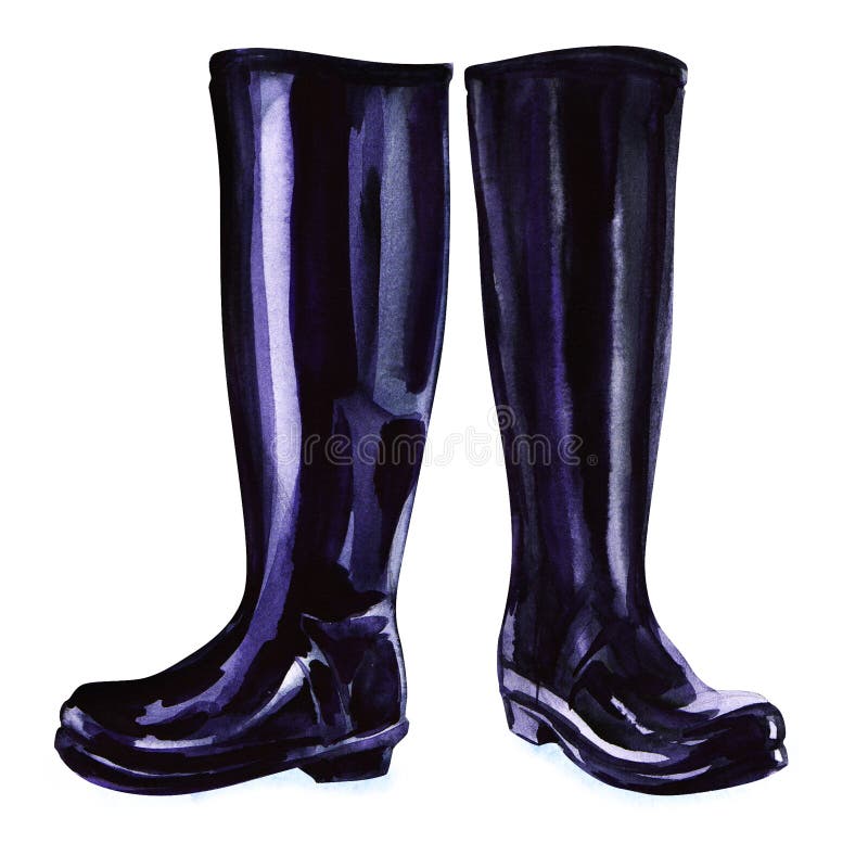 Black rubber boots, watercolor painting on white background. Black rubber boots, watercolor painting on white background.