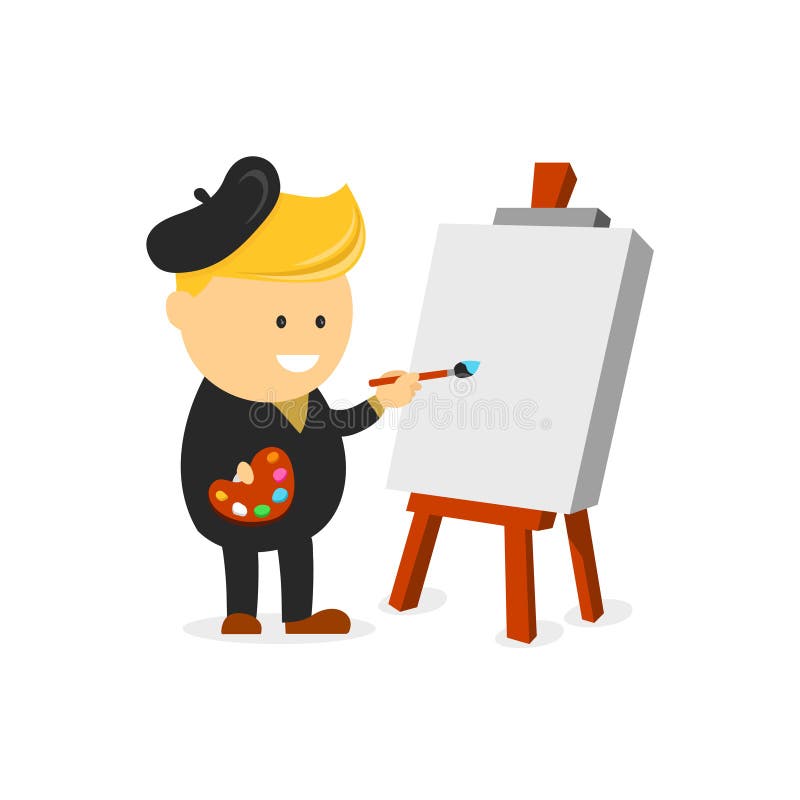 Artist painter vector cartoon flat design character illustration. Artist painter at work easel palette flat concept vector template. Character in modern design style. Isolated on white background. Artist painter vector cartoon flat design character illustration. Artist painter at work easel palette flat concept vector template. Character in modern design style. Isolated on white background