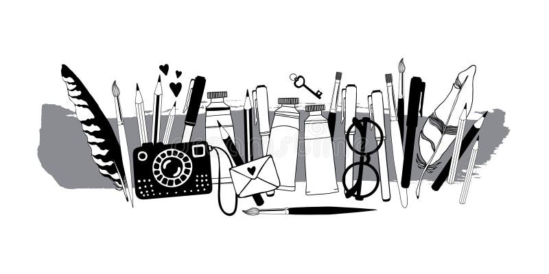 Hand drawn artist stuff on ink background. Black and white vector illustration. Hand drawn artist stuff on ink background. Black and white vector illustration