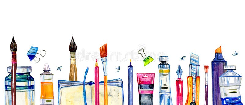 Artist materials in a row - paintbrushes, pens, stationery, paint tubes. Hand drawn watercolor illustration on white background. Artist materials in a row - paintbrushes, pens, stationery, paint tubes. Hand drawn watercolor illustration on white background