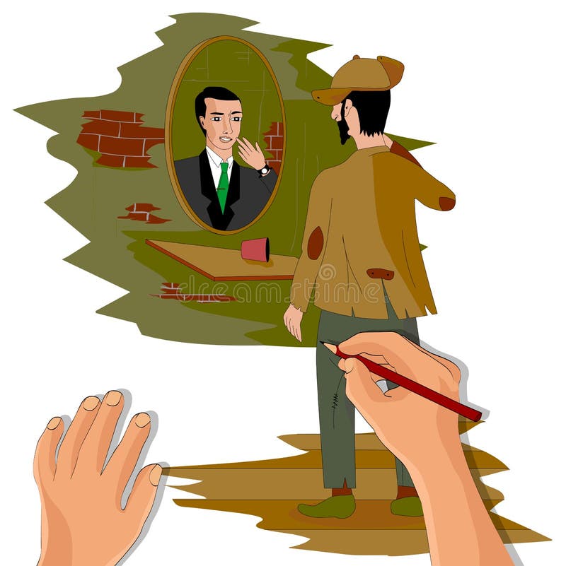 The artist paints a poor man at the mirror, which reflects a rich man, vector illustration. The artist paints a poor man at the mirror, which reflects a rich man, vector illustration
