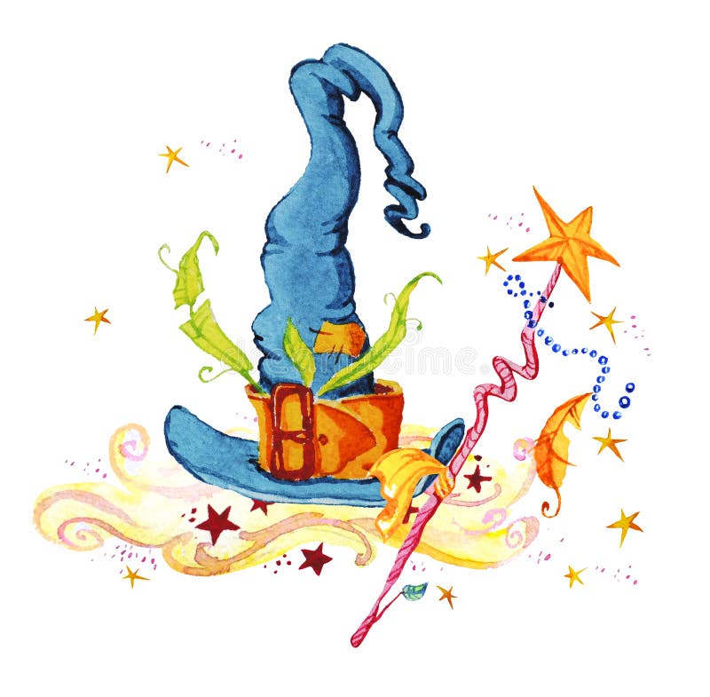 艺术性的与星、巫术师帽子、烟和在白色背景隔绝的魔术鞭子的水彩手拉的不可思议的例证 库存例证 艺术性的与星、巫术师帽子、烟和在白色背景隔绝的魔术鞭子的水彩手拉的不可思议的例证 库存例证