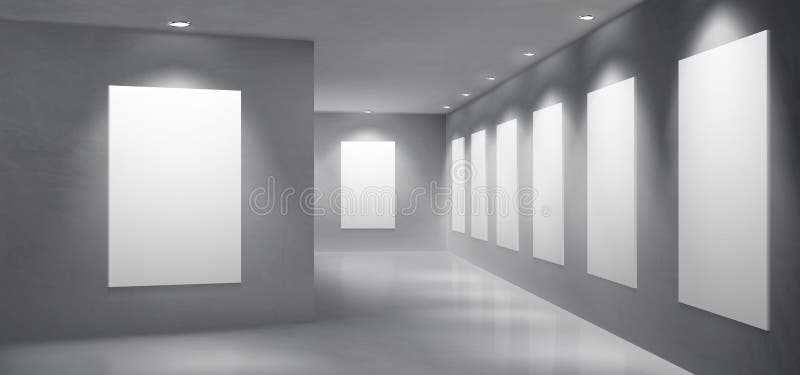 Art gallery, museum exhibition hall empty interior with painting, photography blank white, clean frames hanging on wall, illuminated round spotlight lamps from ceiling 3d realistic vector illustration. Art gallery, museum exhibition hall empty interior with painting, photography blank white, clean frames hanging on wall, illuminated round spotlight lamps from ceiling 3d realistic vector illustration