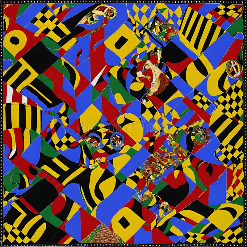 This image is an energetic and vibrant abstract pattern that embodies the spirit of Ska music through its visual composition. Dominant colors include blue, red, yellow, and black, arrayed in a dynamic assortment of geometric shapes like checkered patterns, which are iconic in Ska culture. The piece is a complex and fragmented mosaic of shapes, evoking the rhythm and movement associated with Ska. Small, discernible elements that seem to depict parts of figures and faces with intricate adornments appear throughout the image, reminiscent of the lively and expressive nature of Ska performers and fans. The detailed border around the artwork enhances its lively and quilt-like appearance, much like a visual symphony that echoes the upbeat tempo of Ska music. AI generated. This image is an energetic and vibrant abstract pattern that embodies the spirit of Ska music through its visual composition. Dominant colors include blue, red, yellow, and black, arrayed in a dynamic assortment of geometric shapes like checkered patterns, which are iconic in Ska culture. The piece is a complex and fragmented mosaic of shapes, evoking the rhythm and movement associated with Ska. Small, discernible elements that seem to depict parts of figures and faces with intricate adornments appear throughout the image, reminiscent of the lively and expressive nature of Ska performers and fans. The detailed border around the artwork enhances its lively and quilt-like appearance, much like a visual symphony that echoes the upbeat tempo of Ska music. AI generated