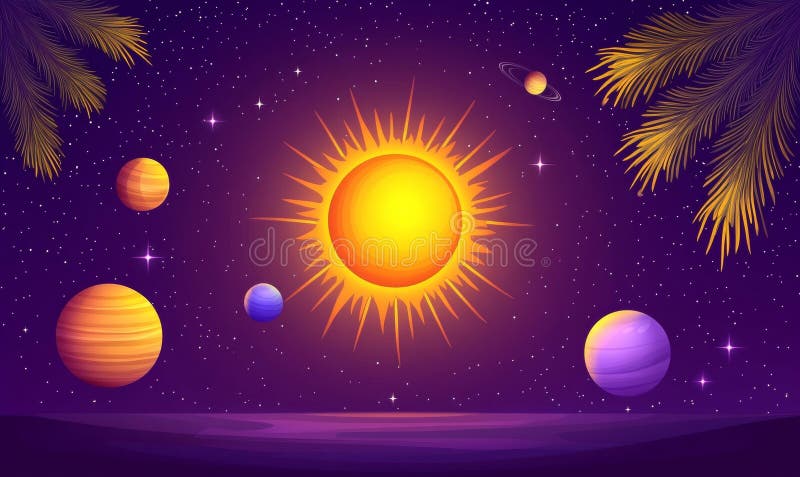 节日的背景是圣诞球，因为太阳被太阳系包围，行星在杉木上 图库摄影