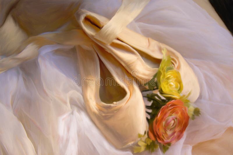 Ballet pointe shoes with a white drape and flowers. Created in Corel Painter. Ballet pointe shoes with a white drape and flowers. Created in Corel Painter.