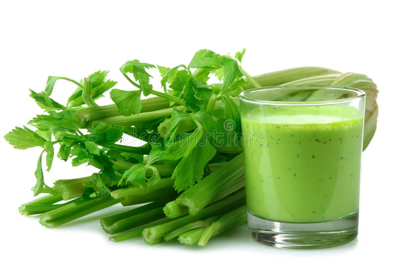 Fresh green celery juice in glass isolated on white background. Fresh green celery juice in glass isolated on white background