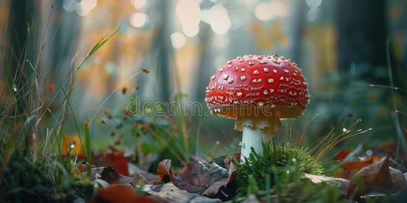 苍翠森林中的红蘑菇 库存照片
