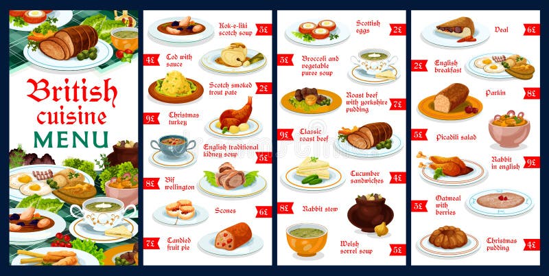 Britain cuisine menu template vector meals kok-e-liki scotch soup, cod with sauce, scotch smoked trout plate, christmas turkey, english traditional kidney soup, beef wellington, English food dishes. Britain cuisine menu template vector meals kok-e-liki scotch soup, cod with sauce, scotch smoked trout plate, christmas turkey, english traditional kidney soup, beef wellington, English food dishes