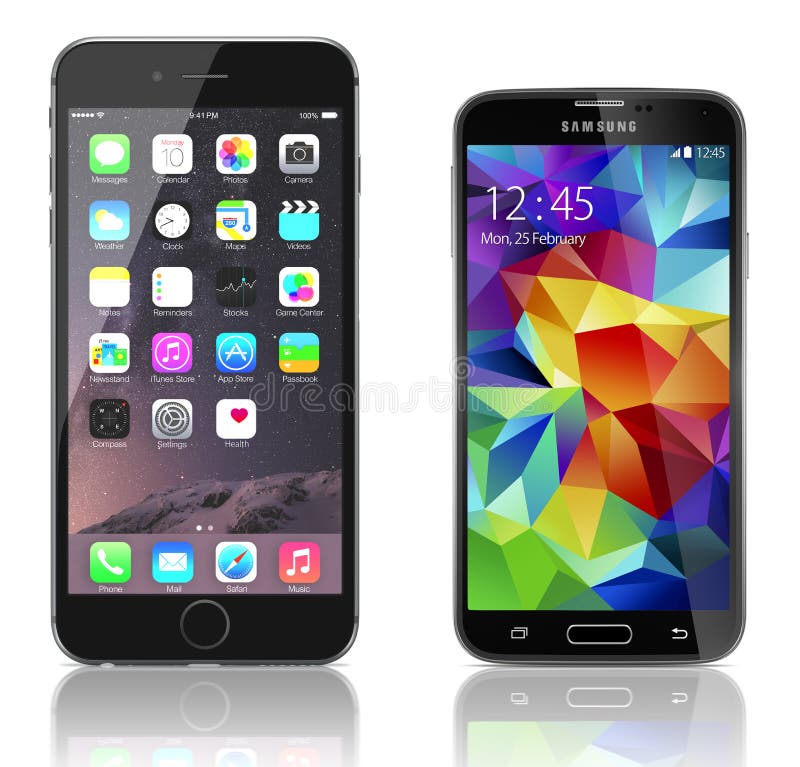 Comparison of Apple iPhone 6 Plus and Samsung Galaxy S5 side by side. Samsung Galaxy S5 is the newest smart phone from Samsung and Apple Silver iPhone 6 Plus showing the home screen with iOS 8. Comparison of Apple iPhone 6 Plus and Samsung Galaxy S5 side by side. Samsung Galaxy S5 is the newest smart phone from Samsung and Apple Silver iPhone 6 Plus showing the home screen with iOS 8.