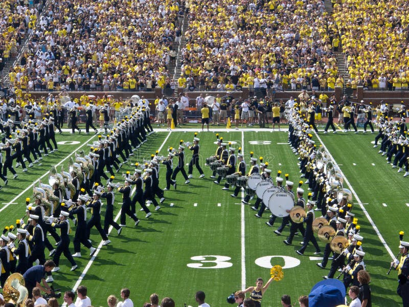 The University of Michigan Marching Band forms the Block M on the field at the Big House in Ann Arbor, Michigan, during the 2011 football season opener against Western Michigan University. The University of Michigan Marching Band forms the Block M on the field at the Big House in Ann Arbor, Michigan, during the 2011 football season opener against Western Michigan University.