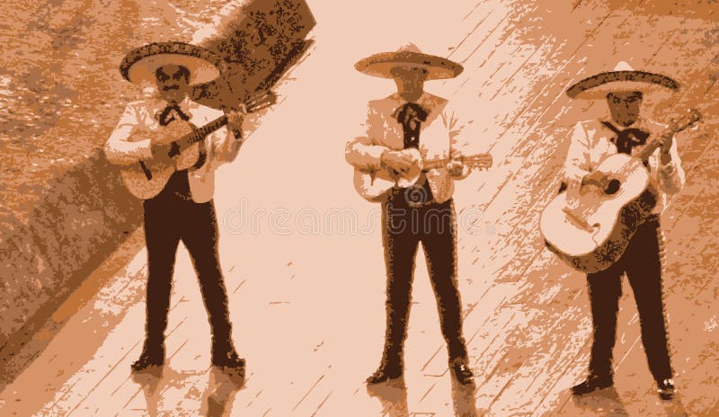 Mexican mariachi musician playing a guitar in Mexico. Illustration of a band of three. Mexican mariachi musician playing a guitar in Mexico. Illustration of a band of three.