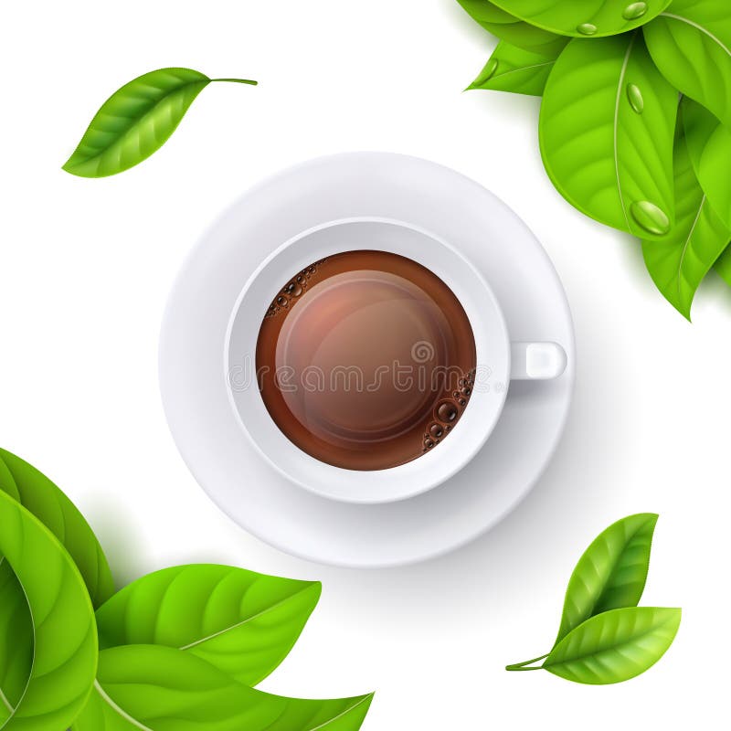 茶时间与现实传染媒介绿色叶子和顶视图茶的背景模板 库存例证 茶时间与现实传染媒介绿色叶子和顶视图茶的背景模板 库存例证
