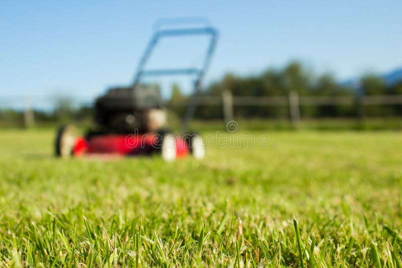 Red Lawn mower out of focus with freshly cut grass in foreground. Red Lawn mower out of focus with freshly cut grass in foreground