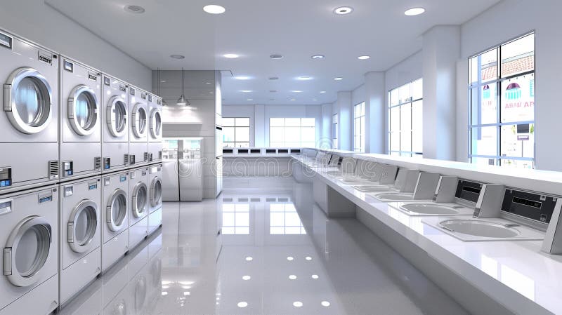 Clean and well-lit laundromat with rows of washing machines and dryers under fluorescent lighting AI generated. Clean and well-lit laundromat with rows of washing machines and dryers under fluorescent lighting AI generated