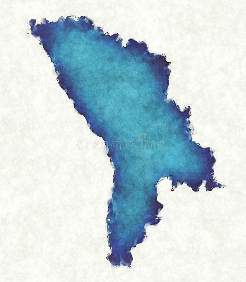 莫尔多瓦地图，绘制线条和蓝水色插图 免版税库存照片