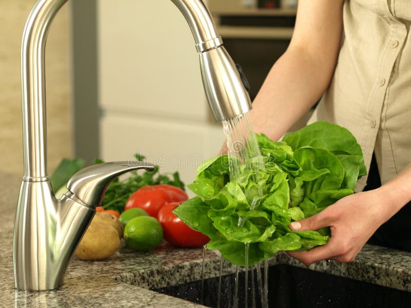Woman's hands washing lettuce in kitchen sink. Woman's hands washing lettuce in kitchen sink