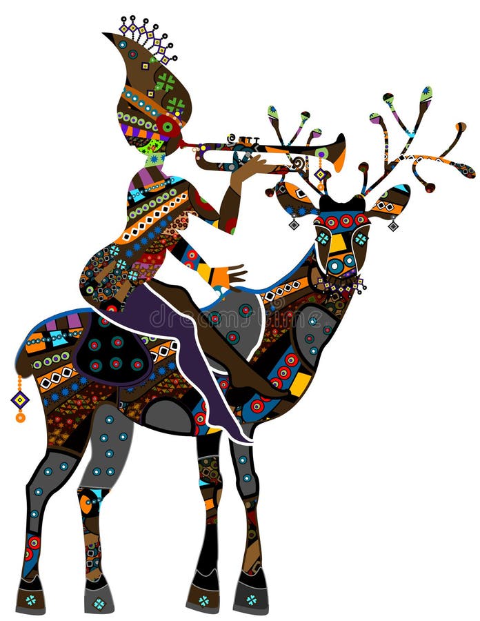 Woman sitting on the back of a reindeer in vintage style. Woman sitting on the back of a reindeer in vintage style