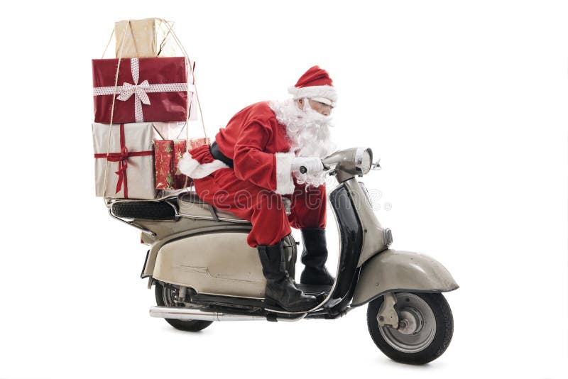 Santa Claus on vintage scooter with stack of christmas presents, isolated on white. Santa Claus on vintage scooter with stack of christmas presents, isolated on white