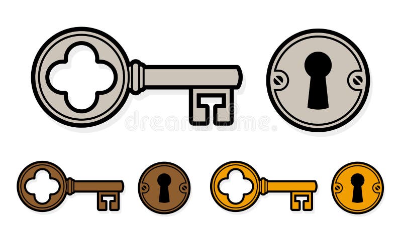 Vintage style cartoon key with lock and round escutcheon in three different colors for brass, bronze and silver or steel , isolated on white. Vintage style cartoon key with lock and round escutcheon in three different colors for brass, bronze and silver or steel , isolated on white