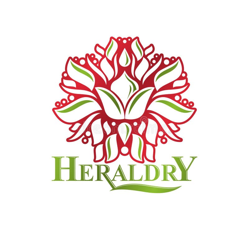 Vintage heraldic insignia composed with lily flower royal symbol. Eco friendly product logo, environment protection theme illustration. Vintage heraldic insignia composed with lily flower royal symbol. Eco friendly product logo, environment protection theme illustration.