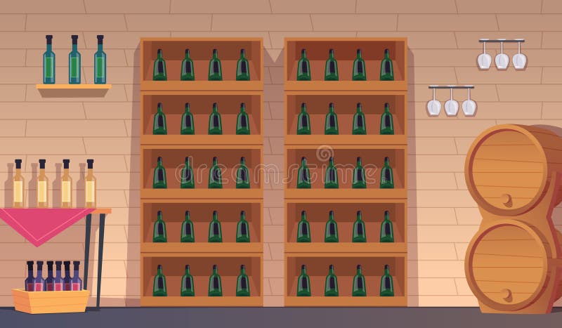 葡萄酒背景桶和酒瓶酒厂. 矢量动画插图 向量例证