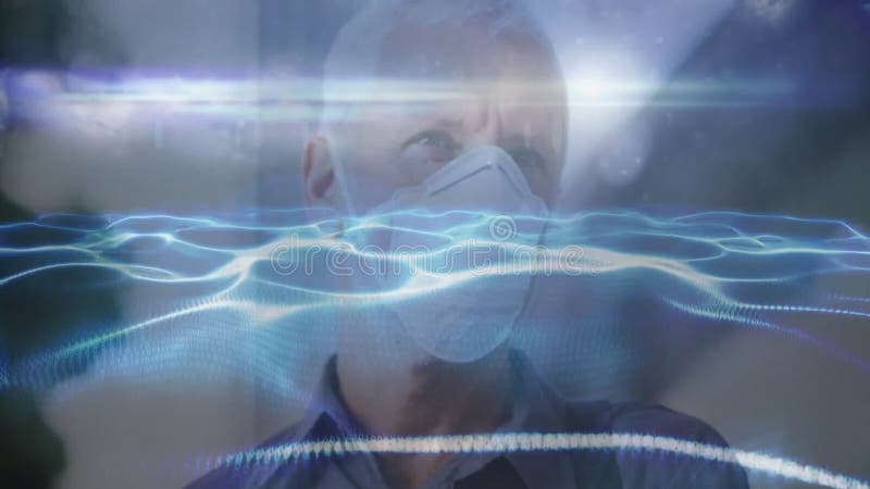 蒙面成年男性睁眼与扫描健康波叠加在监控走廊上漂移 股票录像