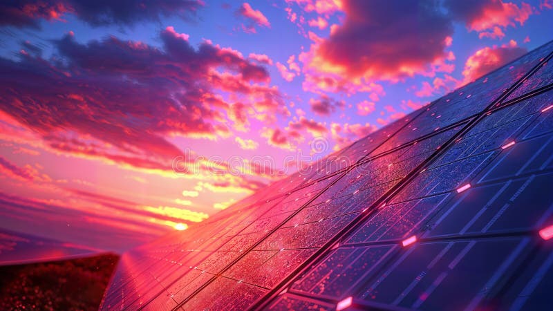 蒸发天堂 : 梦幻般的天空在充满活力的太阳能朋克视觉中绘制太阳能电池板 向量例证