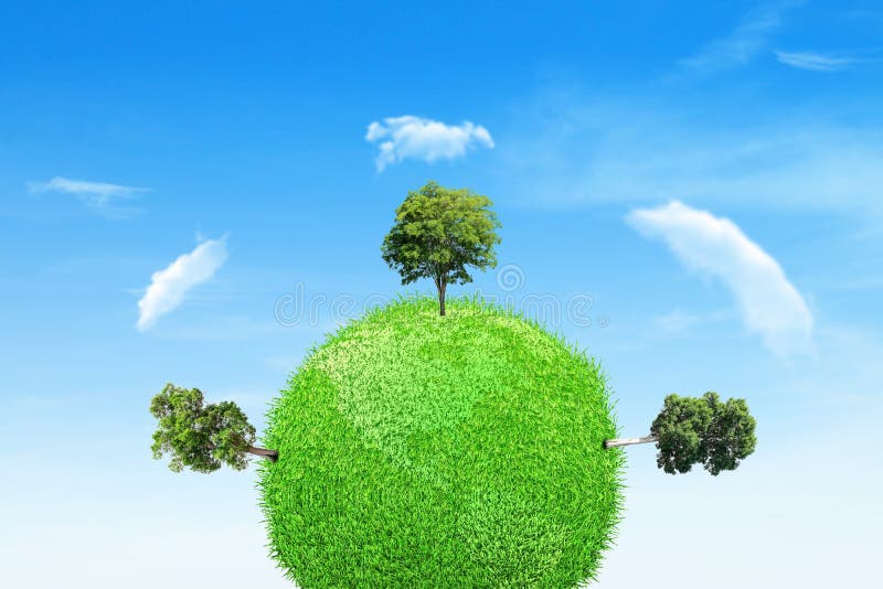 蓝天白云背景的绿色星球上生长绿树 免版税库存图片 蓝天白云背景的绿色星球上生长绿树 免版税库存图片