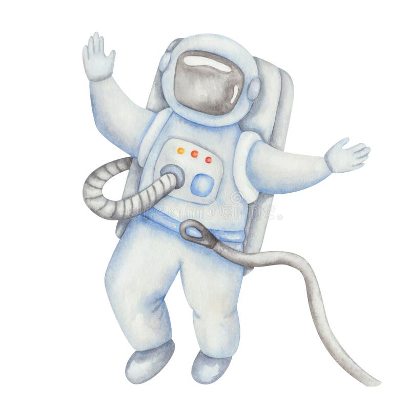 蓝灰色太空服上手绘宇航员的水彩插图. 飞翔的宇航员. 孤立剪辑 免版税库存照片