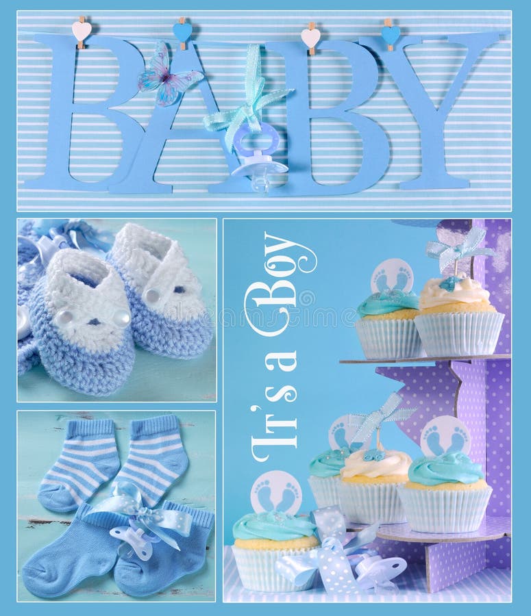 Collage of four blue theme baby boy images and sample text of BABY letters bunting hanging from pegs on a line, booties, socks and cupcakes on purple polka dot stand with Its a Boy sample text, for baby shower or nursery greeting cards. Collage of four blue theme baby boy images and sample text of BABY letters bunting hanging from pegs on a line, booties, socks and cupcakes on purple polka dot stand with Its a Boy sample text, for baby shower or nursery greeting cards.