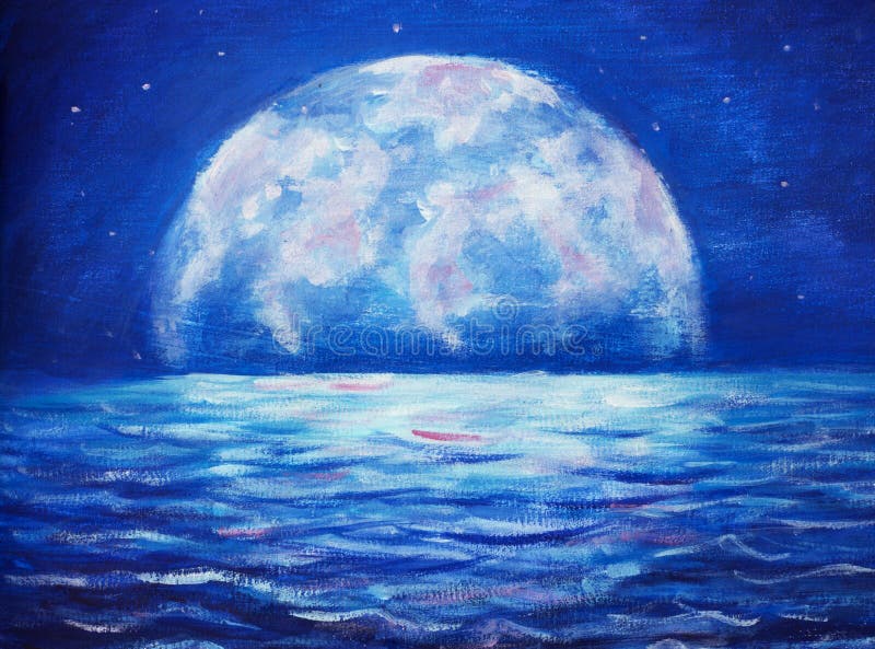 蓝色夜海油画-在海反映的背景大发光的月亮的黑暗的树挥动-幻想艺术例证