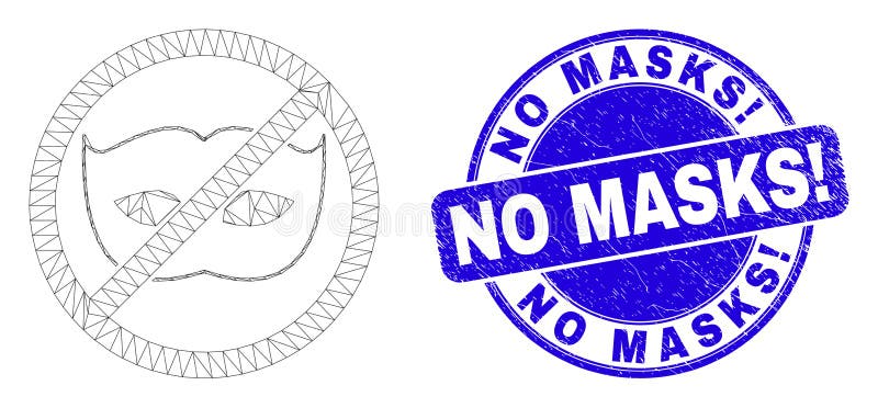 Web carcass stop privacy pictogram and No Masks! watermark. Blue vector round textured seal stamp with No Masks! text. Abstract carcass mesh polygonal model created from stop privacy pictogram. Web carcass stop privacy pictogram and No Masks! watermark. Blue vector round textured seal stamp with No Masks! text. Abstract carcass mesh polygonal model created from stop privacy pictogram.