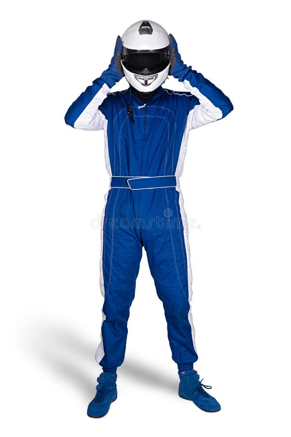蓝色白色motorsport整体鞋子手套的赛车手和安全齿轮在结束被隔绝的白色以后离开安全帽 库存图片 蓝色白色motorsport整体鞋子手套的赛车手和安全齿轮在结束被隔绝的白色以后离开安全帽 库存图片