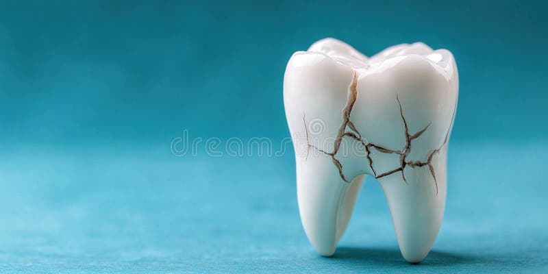 蓝色背景下的裂纹牙型表征牙痛及口腔护理 免版税库存照片