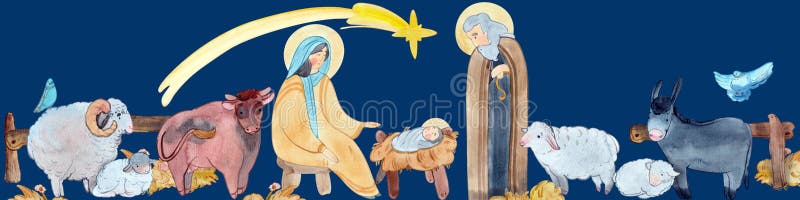 Border of Christian Nativity scene on blue background. Virgin Mary, Jesus Christ, Joseph, sheep, animals, star of Bethlehem. For Merry Christmas greeting cards, Christian publications and prints. Border of Christian Nativity scene on blue background. Virgin Mary, Jesus Christ, Joseph, sheep, animals, star of Bethlehem. For Merry Christmas greeting cards, Christian publications and prints