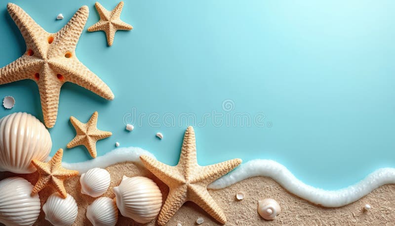 蓝色背景中的贝壳和海星的夏季插图. 沙滩海浪. 度假旅行概念 库存图片