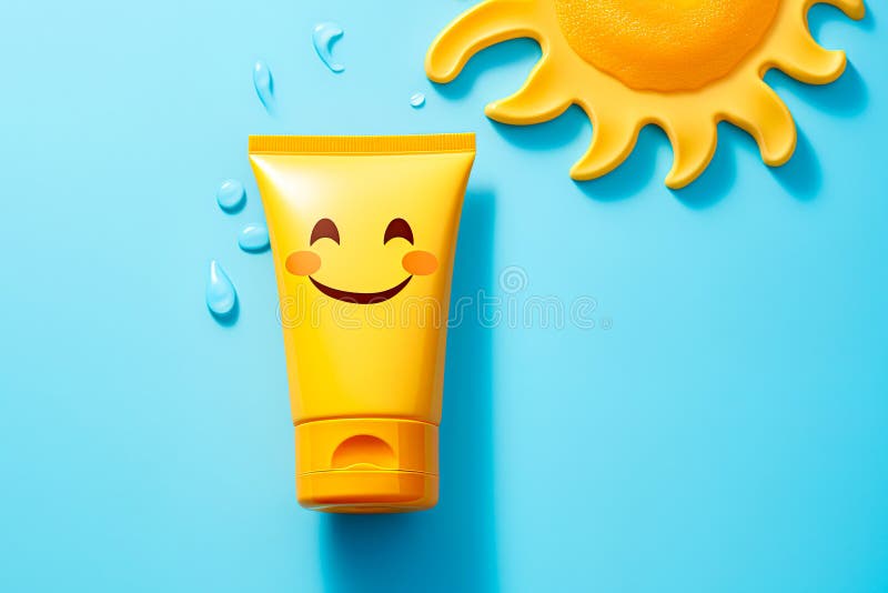 Suncream protective cream on blue background. Flat lay, top view. On blue background. Happy summer concept. Ai generative illustration. Suncream protective cream on blue background. Flat lay, top view. On blue background. Happy summer concept. Ai generative illustration