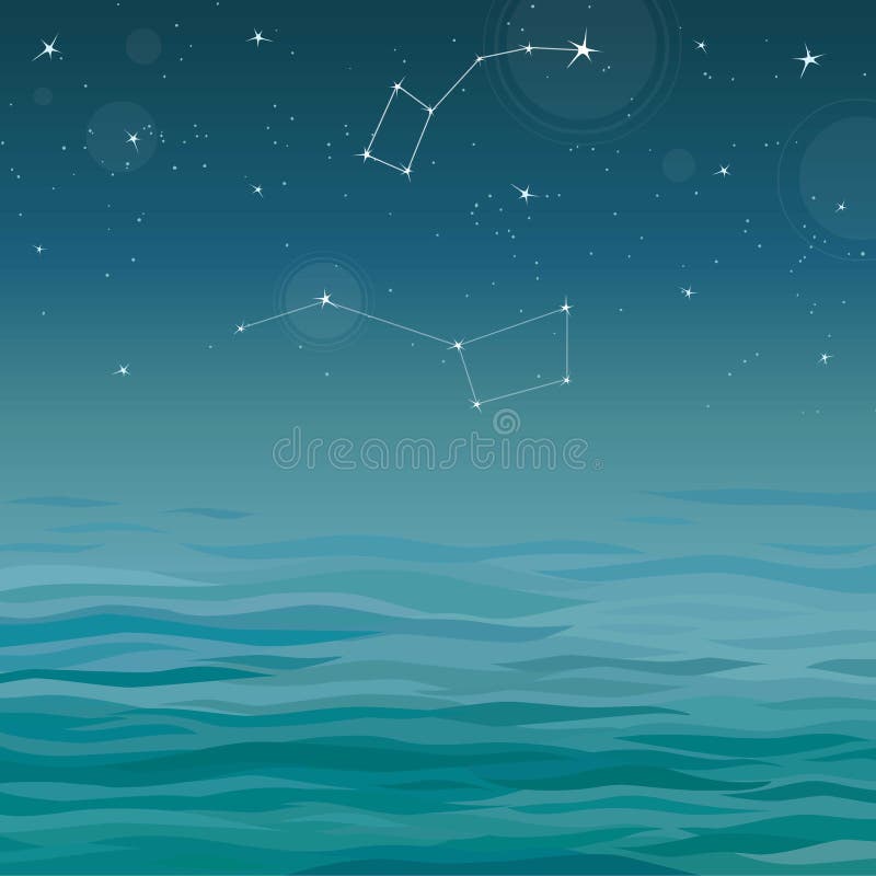 Vector illustration: Blue background the sea and the night sky with stars: constellations Big Dipper, Pole star. Vector illustration: Blue background the sea and the night sky with stars: constellations Big Dipper, Pole star.