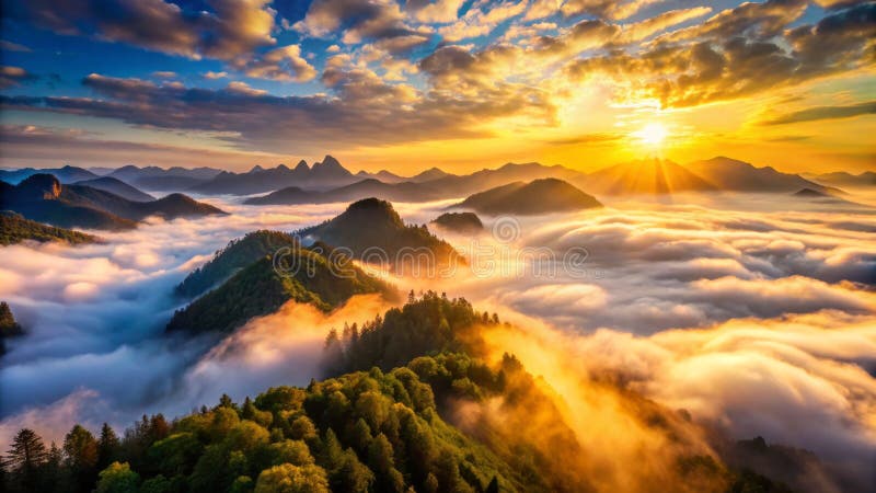 薄雾山峦中雄伟的日出，令人叹为观止的空中全景 皇族释放例证