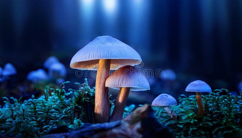 蘑菇. 神秘黑森林中的奇幻发光蘑菇 皇族释放例证