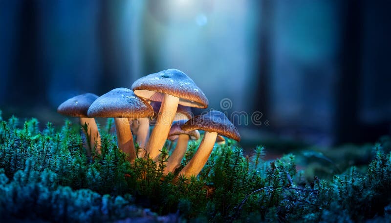 蘑菇. 神秘黑森林中的奇幻发光蘑菇 皇族释放例证