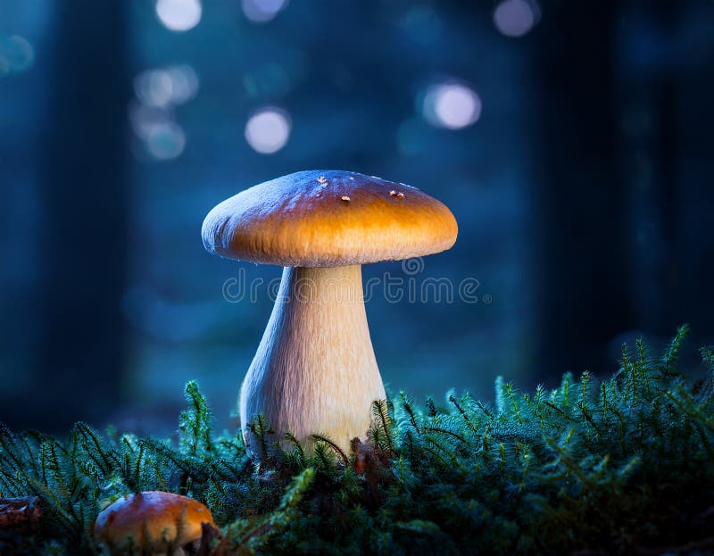 蘑菇. 神秘黑森林中的奇幻发光蘑菇 库存例证