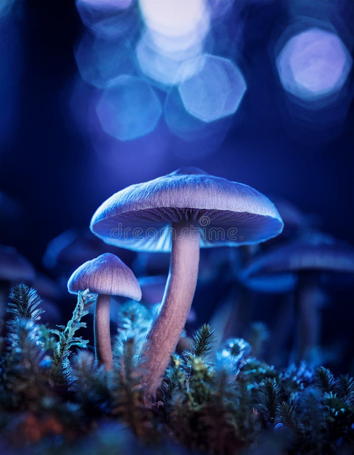 蘑菇. 神秘黑森林中的奇幻发光蘑菇 库存例证